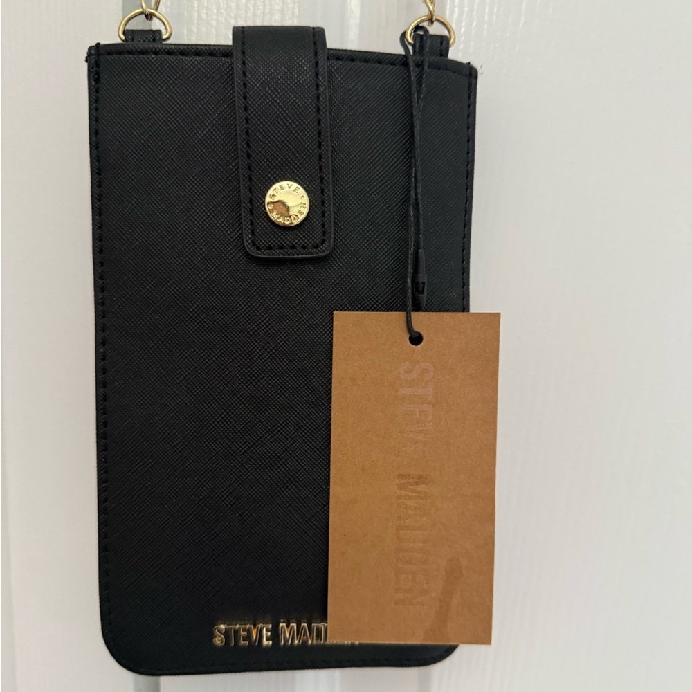 Steve Madden Black Leather Phone Case with Gold Accents